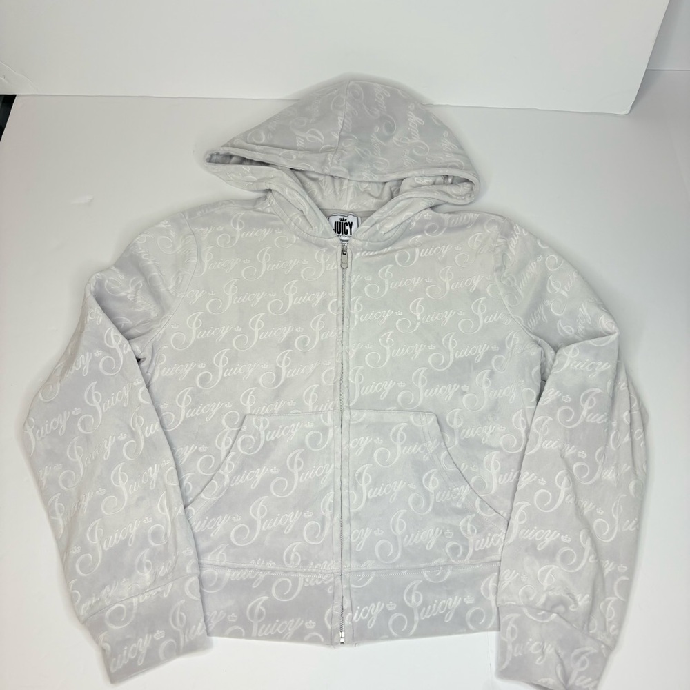 Juicy Couture Full Zip Grey Velour Jacket All Over Juicy&Crown Logo Y2K SzM - Picture 7 of 14